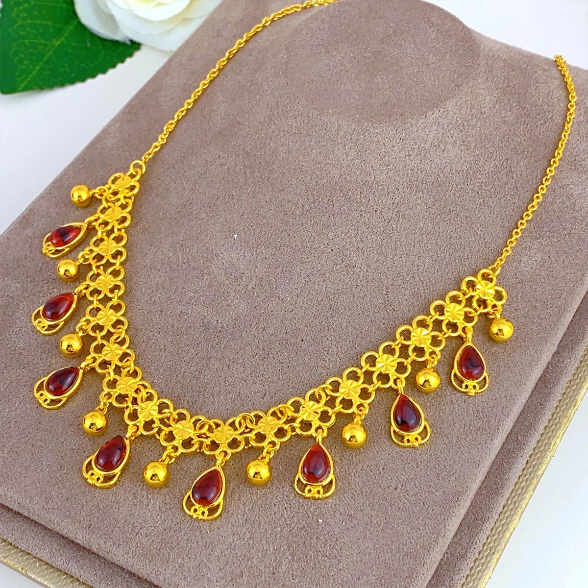 Jewellery    XuHuang African Crystal Pendant Tassel Necklace For Woman Ethiopian Bride Wedding Gold Color Jewelry Party Dubai Gifts 24K