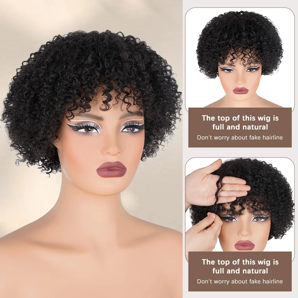 Crown & Glory Wigs  Short Curly Pixie Cut Wig with Bangs Glue less Afro Kinky Curly Brazilian Human Hair Wigs For Women Ready to Go Machine Made Wig