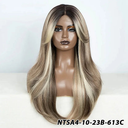 Crown & Glory Wigs  Synthetic Wigs 26 Inch Long Straight Lace Wigs With Bnags Lace Front Wig For Women Ombre Blonde Brown Cosplay Daily Party Wigs