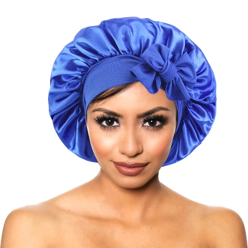 Style & Shine Hair  Satin Solid  Silky Bonnets With Long Tie Bands Elastic Shower Cap Adjustable