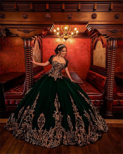 Woman clothing   Dark Green Velvet Gold Sequin Applique Ball Gown Quinceanera Dresses Three Quarter Sleeves Sweet 15 16 Dress Corset Customized