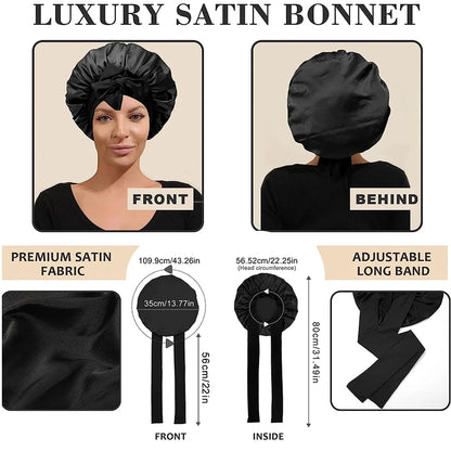 Style & Shine Hair  Satin Solid  Silky Bonnets With Long Tie Bands Elastic Shower Cap Adjustable