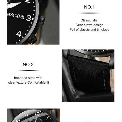 Jewellery  2pcs Black Round Quartz Watch With Leather Bracelet Men Business Watch Fashion Casual For Daily Sports