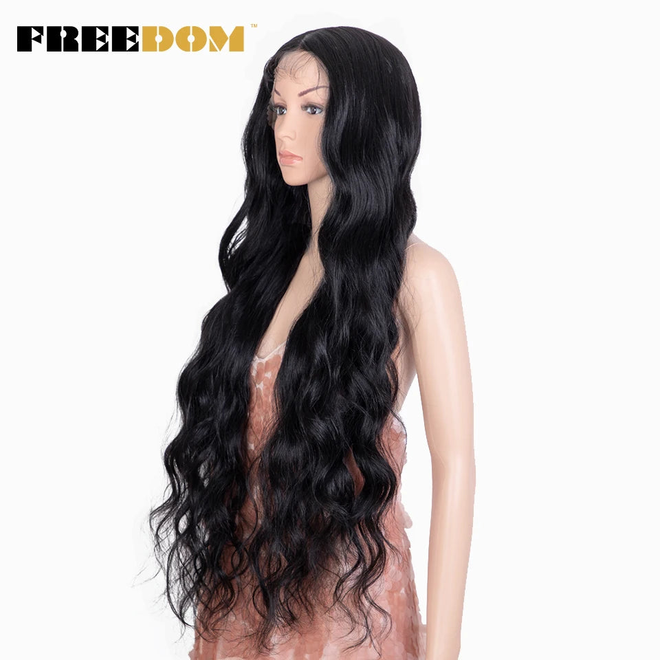 Crown & Glory Wigs   FREEDOM Synthetic Lace Front Wigs For Women 36" Long Body Wave Lace Wig Ombre Brown Blonde Highlight Cosplay Wigs Heat Resistant