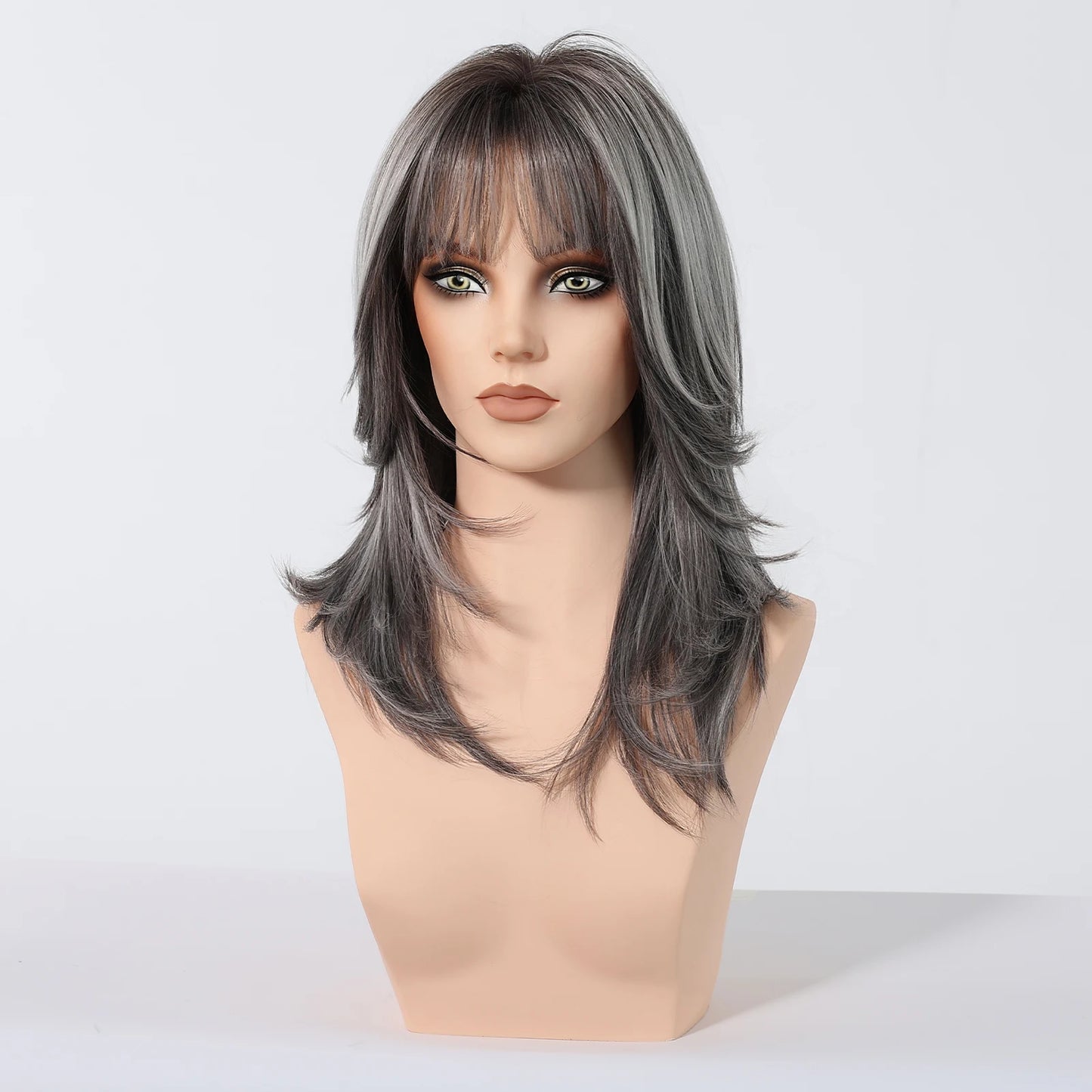 Crown & Glory WigsHENRY MARGU Grey Layered Synthetic Natural Wig Medium Length Straight Wig with Bangs for Women Daily Party Wigs Heat Resistant