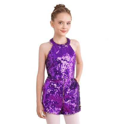 Girl clothing Kids Girls Shiny Sequin Halter Party Bodysuit Christmas Birthday Wedding Evening Costume Jazz Dance Stage Performance Jumpsuit