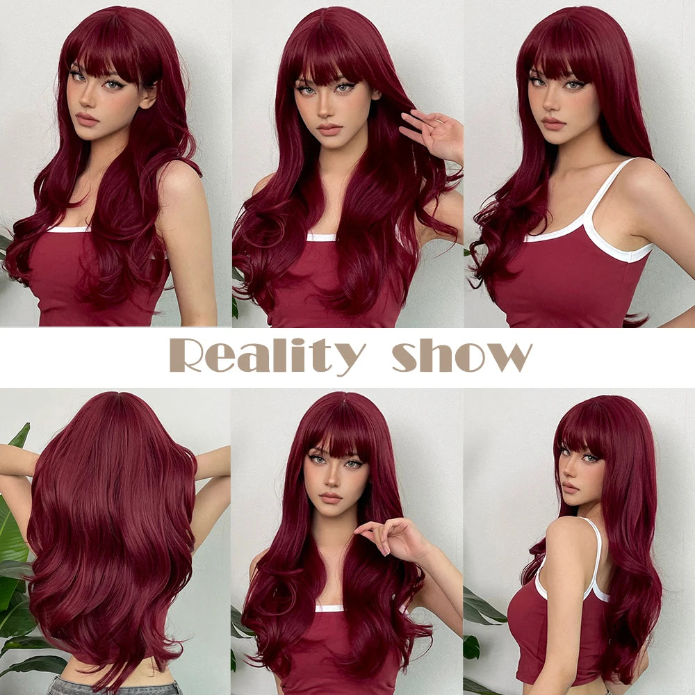 Crown & Glory Wigs HENRY MARGU Burgundy Long Wavy Wigs Wine Red Wig with Bangs for Women Daily Synthetic Hair Cosplay Wig Heat Resistant Fiber