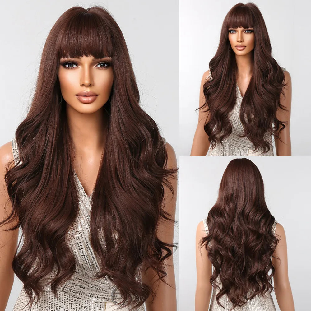 Crown & Glory Wigs   ALAN EATON Brown Blonde Layered Synthetic Wigs Long Natural Body Wavy Wig with Bangs Party Cosplay Hair for Women Heat Resistant