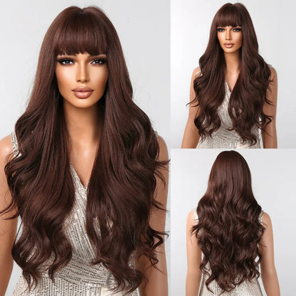 Crown & Glory Wigs   ALAN EATON Brown Blonde Layered Synthetic Wigs Long Natural Body Wavy Wig with Bangs Party Cosplay Hair for Women Heat Resistant