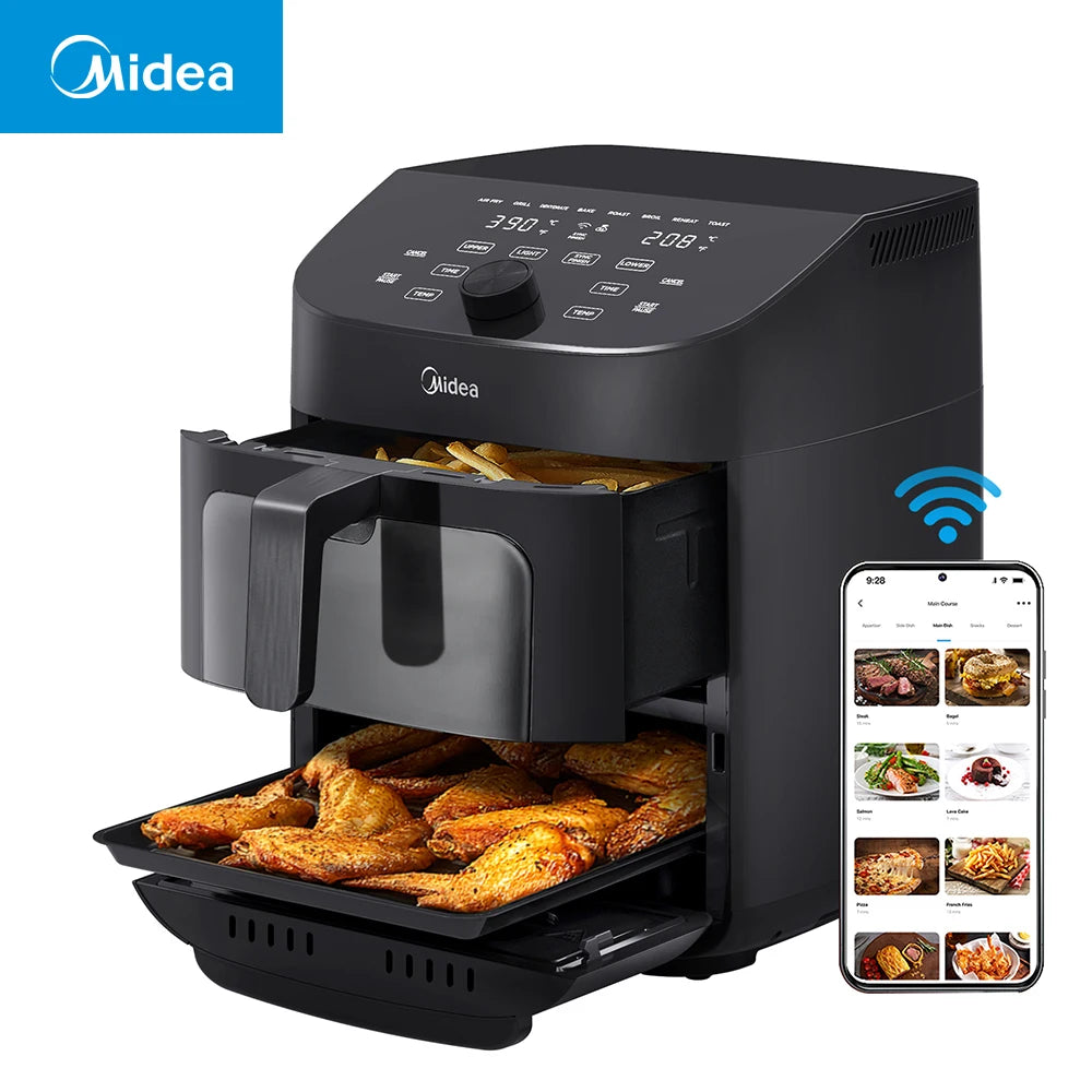 Kitchen Midea Dual Basket Air Fryer Oven 11 Quart 8 in 1 Functions Clear Window Smart Sync Finish kitchen Works with Alexa Wi-Fi Connectivity