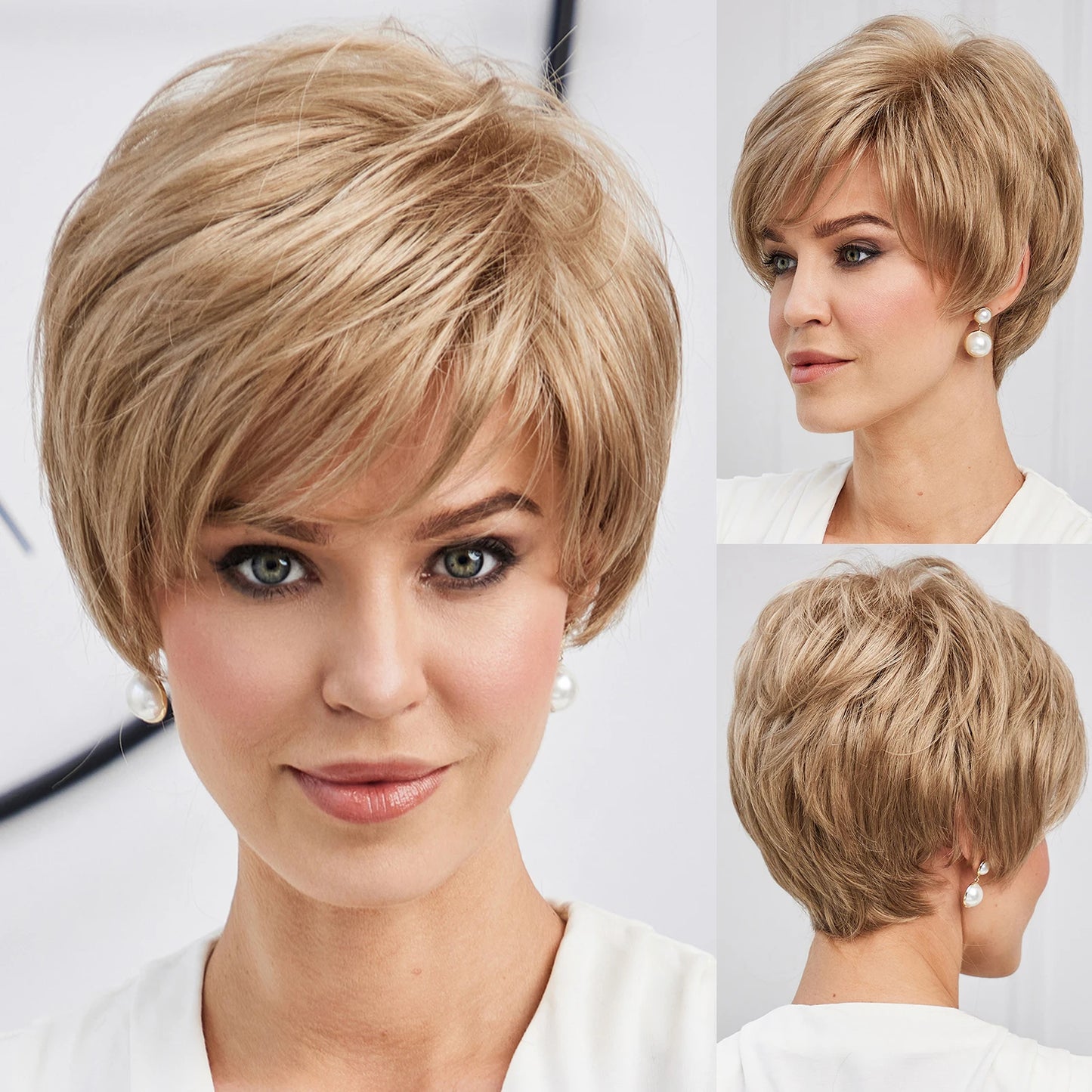 Crown & Glory Wigs Pixie Cut Short Bob Wigs with Bang Brown Blonde Layered Straight Kanekalon Synthetic Wig Human-hair Like Texture Natural Daily