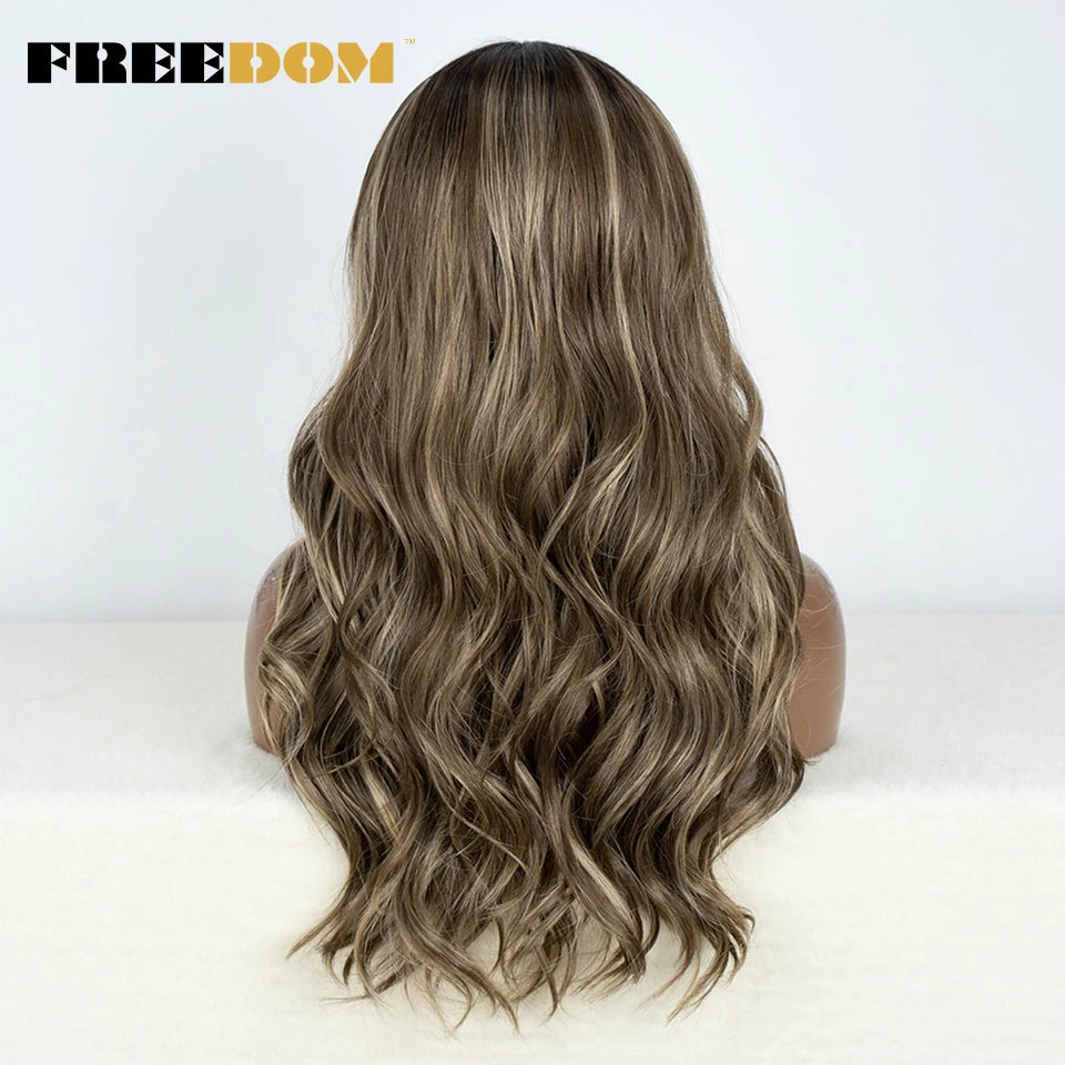 Crown & Glory Wigs   FREEDOM Synthetic Lace Front Wigs For Women Body Wave 24 Inch Wavy Wig Ombre Brown Blonde Pink Lace Wig White Cosplay Wig