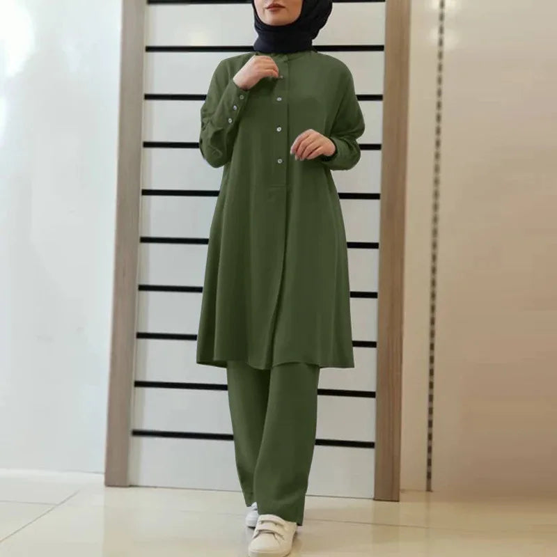 Muslim Family   Arab New Solid Color Two-Piece Shirt Pants Set Muslim Women Casual Loose  Set