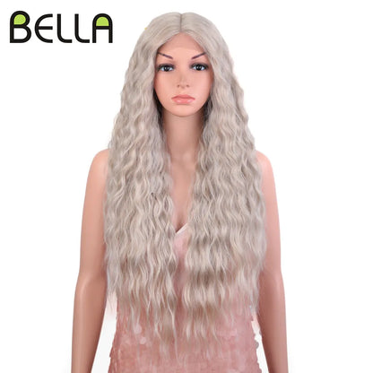 Crown & Glory Wigs  BELLA Lace Wigs Synthetic Deep Wave Curly Synthetic Lace Front Wig Blonde Wig Pink 30 Inch Hair Wigs For Black Women Cosplay