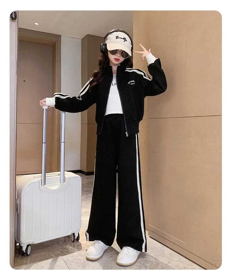 Girl clothing    Korean Spring Autumn Children Girl Sports Suit Teenager Girl Zipper Sweat Jackets+Wide-leg Sweatpants Junior Girl Tracksuit