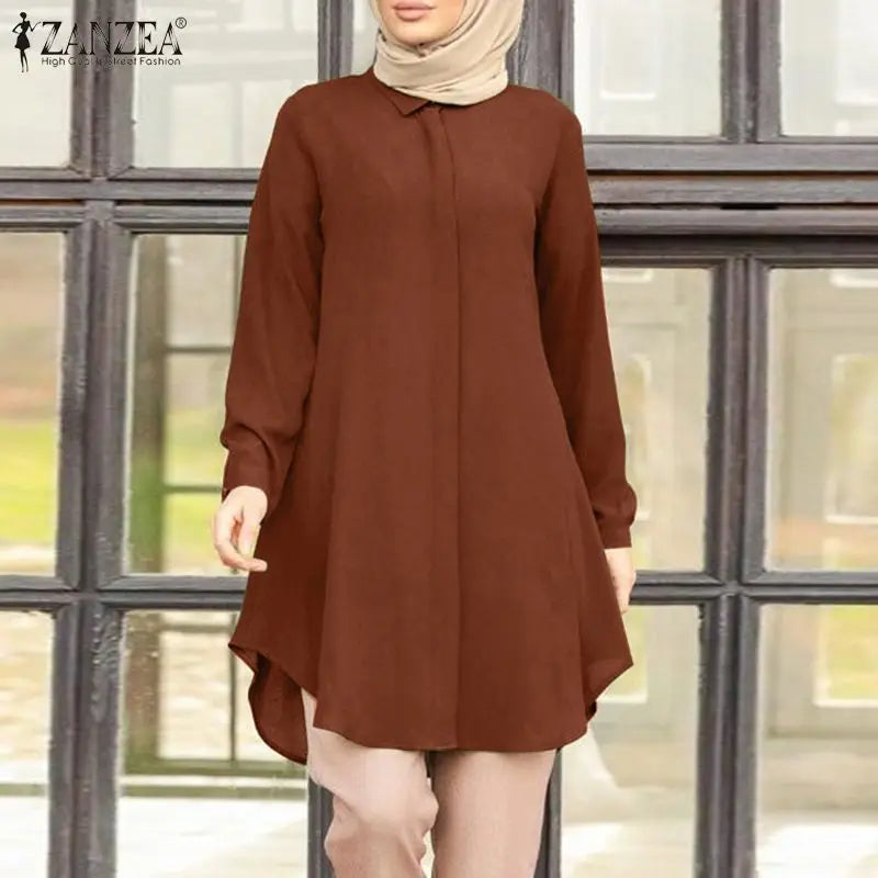 Muslim family Women  Muslim Blouse ZANZEA Spring Elegant Long Sleeve Solid Shirt  Turkey Tops Abaya Marocain Blusas IsIamic Clothing