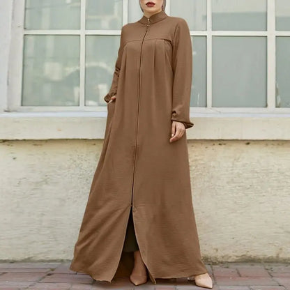 Muslim Family   Jalabiya Dress Women Long Sleeve Muslim Eid Casual Solid Color Abaya Caftan Kaftan Dresses Ramadan Abayas Vestido Zipper Robe