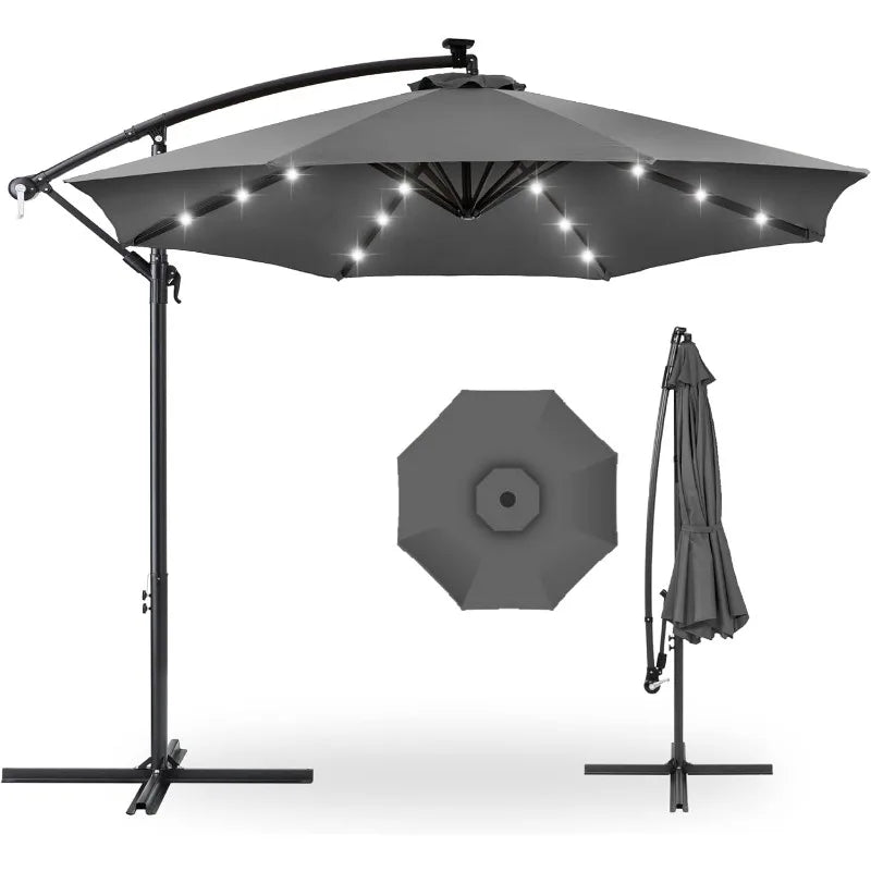 Outdoor 10ft Solar LED Offset Hanging Market Patio Umbrella for Backyard, Poolside, Lawn and Garden w/Easy Tilt Adjustment