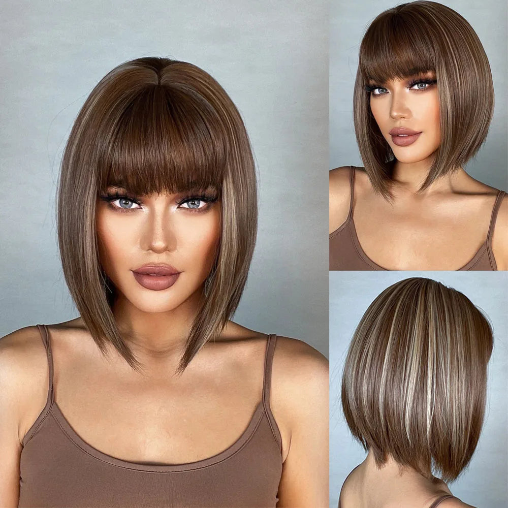 Crown & Glory Wigs HENRY MARGU Dark Root Ombre Brown Blonde Short Hair Wigs Fluffy Pixie Cut Synthetic Wig for Black White Women Heat Resistant