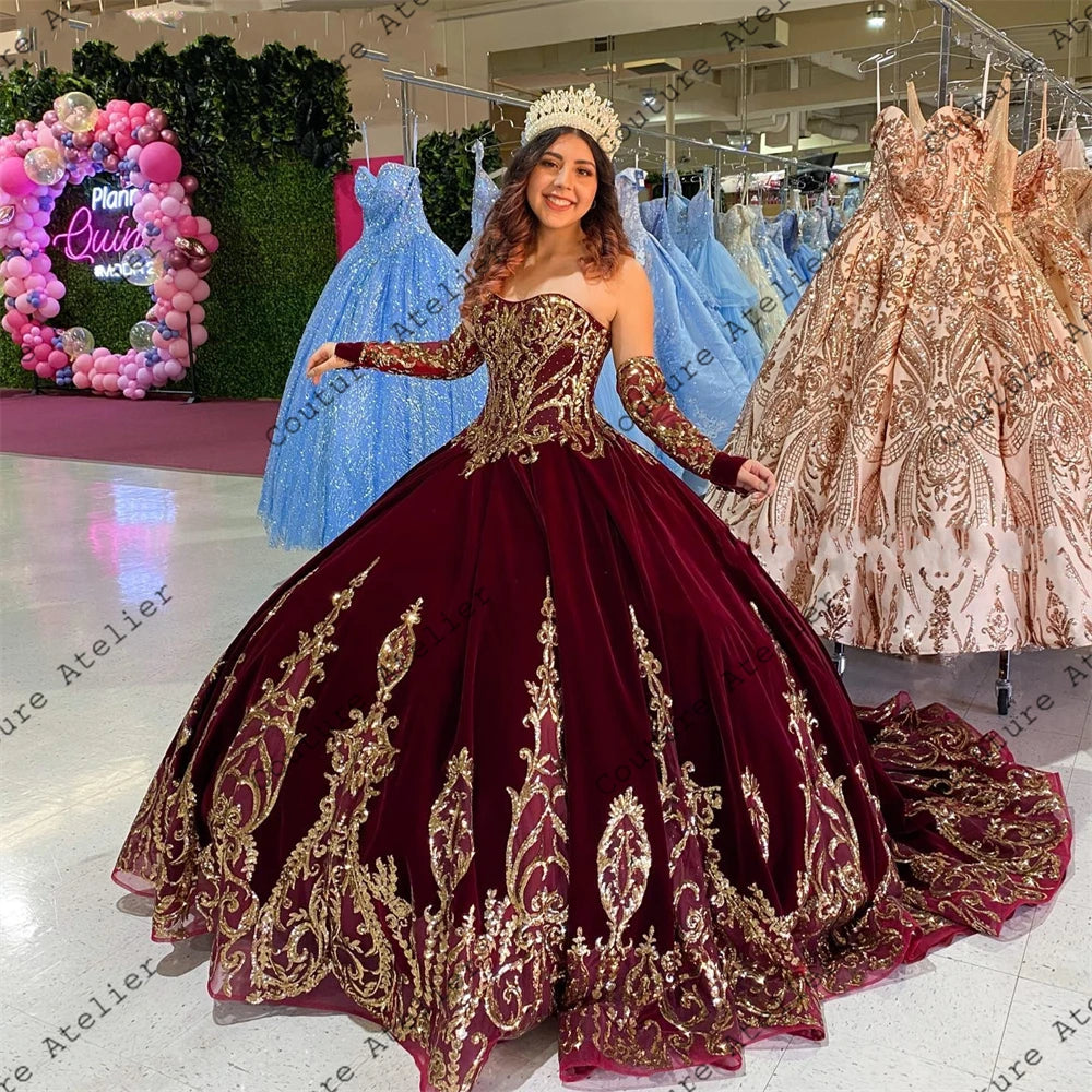 Woman clothing   Dark Green Velvet Gold Sequin Applique Ball Gown Quinceanera Dresses Three Quarter Sleeves Sweet 15 16 Dress Corset Customized