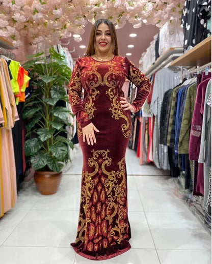 Muslim family    New Muslim Velvet Maxi Dress Cocktail Party Evening Elegant Round Neck Velvet Formal Dress Long Sleeve Maxi Dress Clothing