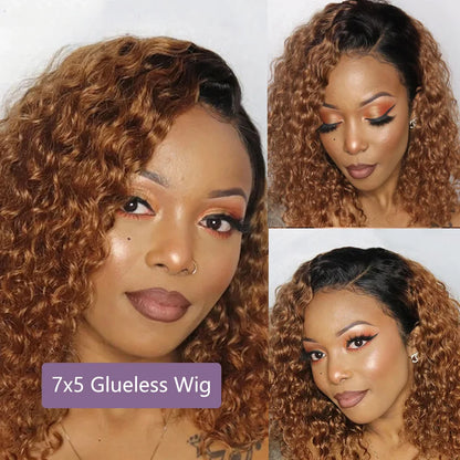 Crown & Glory Wigs   Highlight Blonde Short Bob Glue less Wig Human Hair Ready To Go Deep Wave 4/27 Colored Curly Bob 7x5 13x4 Glueless Wig For Women