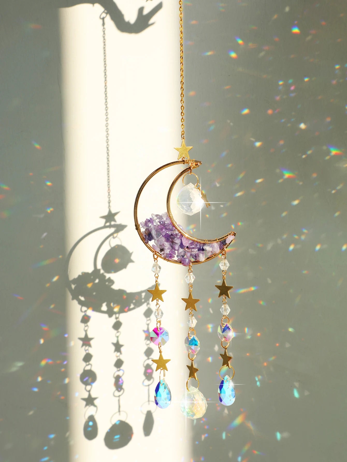 Outdoor Crystal  Suncatcher Moon Amethyst Rainbow Maker Hanging Decor Sun Catcher Light Catcher Xmas Outdoor Window Garden Decoration