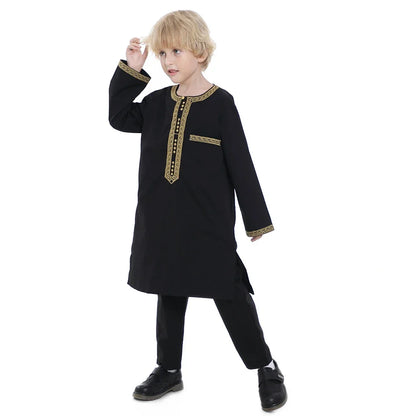 Muslim family   Muslim Children Robe 2 Piece Set Kids Boy Round Neck Long Sleeve Printed Dress Shirt Abaya Kaftan Jubba Thobe Islamic Clothing