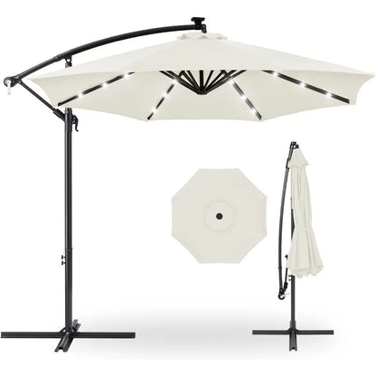 Outdoor 10ft Solar LED Offset Hanging Market Patio Umbrella for Backyard, Poolside, Lawn and Garden w/Easy Tilt Adjustment