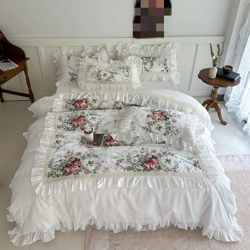 Bedroom   Ruffle patchwork 3Pcs Floral 100%cotton White Duvet Cover Set +2Pillowcases US/UK Super King size  Bedding Sets