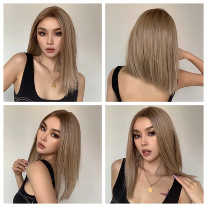 Crown & Glory Wigs   Brown Blonde Lace Front Wigs Short Straight Bob Synthetic Lace Frontal Wig with Baby Hair for Women Blunt Cut Natural Daily Hair