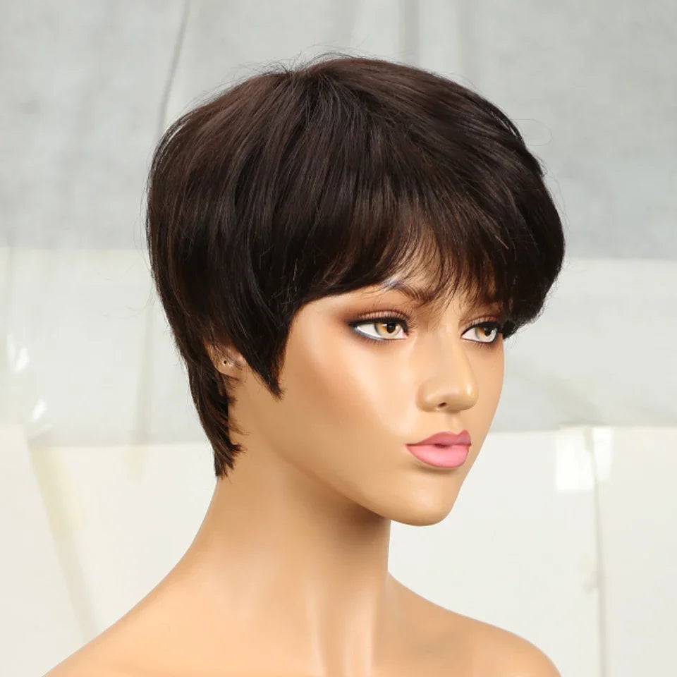 Crown & Glory Wigs Sale Short Pixie Cut Remy Human Hair Wigs Straight Natural Color Full Machine Made Bob Wig With Bangs