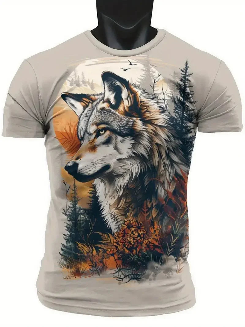 Men clothing  Animal Wolf Pattern Men's T shirt Fashion Crew Neck Short Sleeve