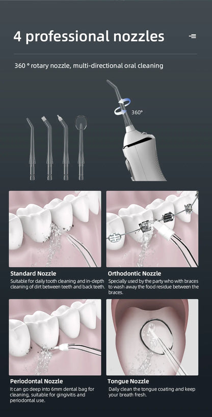 Bathroom Portable Dental Oral Irrigator Water Flosser USB Rechargeable 4 Nozzles Water Jet 300ml Water Tank Waterproof IPX7