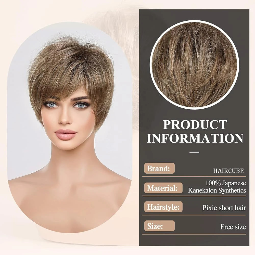 Crown & Glory Wigs  Pixie Cut Short Bob Wigs with Bang Brown Layered Straight Kanekalon Synthetic Wig Human-hair Like Texture Natural Daily Use Hair