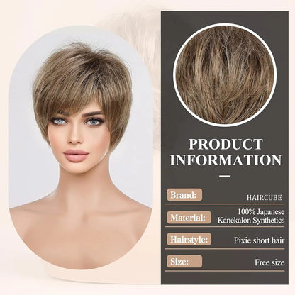 Crown & Glory Wigs  Pixie Cut Short Bob Wigs with Bang Brown Layered Straight Kanekalon Synthetic Wig Human-hair Like Texture Natural Daily Use Hair