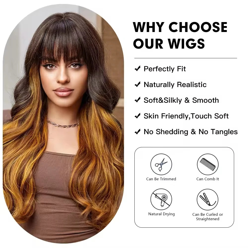 Crown & Glory Wigs   ALAN EATON Brown Blonde Layered Synthetic Wigs Long Natural Body Wavy Wig with Bangs Party Cosplay Hair for Women Heat Resistant