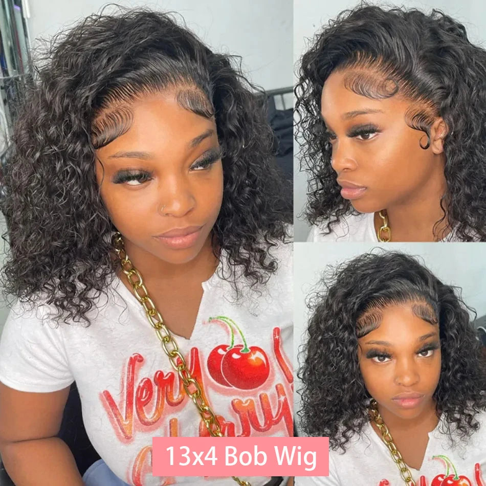 Crown & Glory Wigs  180 Density Curly Bob Wig 13x4 Lace Front Human Hair Wigs Brazilian Short Deep Wave Bob Wig PrePlucked 4x4 Wig Human Hair Women