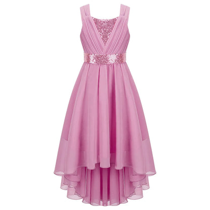 Girl clothing Children Flower Girls Dress Sleeveless Sequin Hi-low Hem Prom Gown Elegant Chiffon Princess Birthday Formal Wedding Party Dress