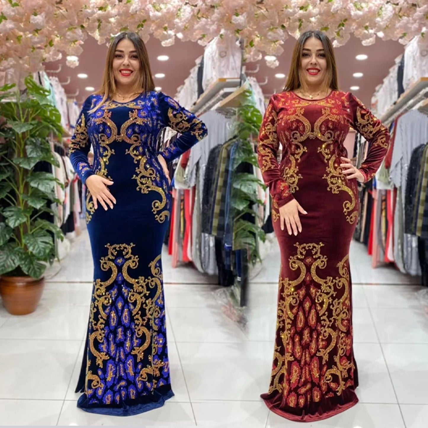 Muslim family    New Muslim Velvet Maxi Dress Cocktail Party Evening Elegant Round Neck Velvet Formal Dress Long Sleeve Maxi Dress Clothing