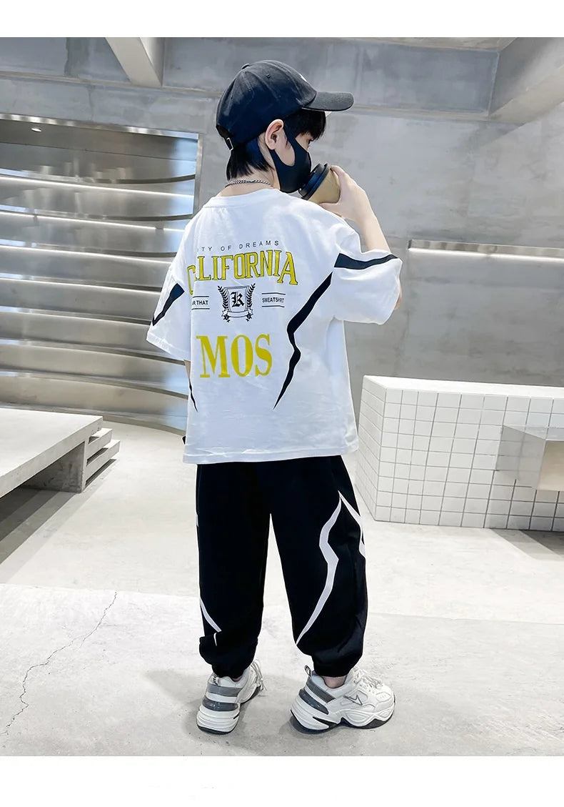 Boy  clothing   Summer Boys Cotton Alphabet Lightning T-Shirt Tops+Sweatpant School Kids 2PCS Tracksuit Child Jogger Outfit Workout Set 5-14 Yr