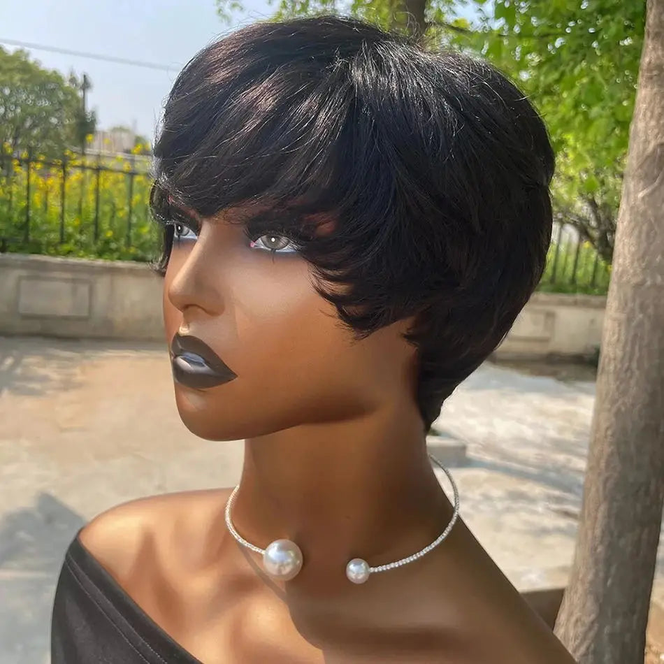 Crown & Glory Wigs  Pixie Cut 100% Full machine Human Hair Wig with Bangs for Women Short Layered Human Hair Brazilian Natural Black Hairs Cheap Wig