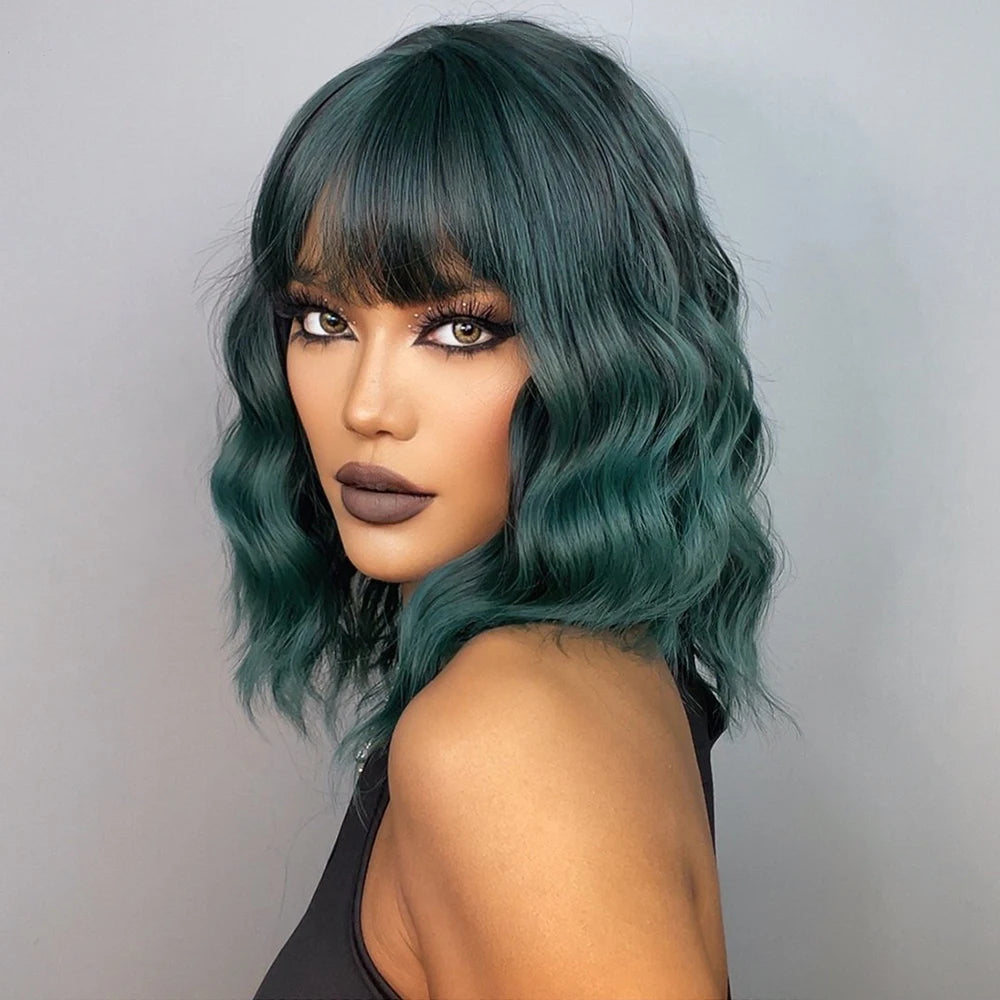 Crown & Glory Wigs  Short Bob Curly Wavy Green Synthetic Wigs with Bangs for Women Afro Cosplay Colorful Natural Hair Wig Halloween Heat Resistant