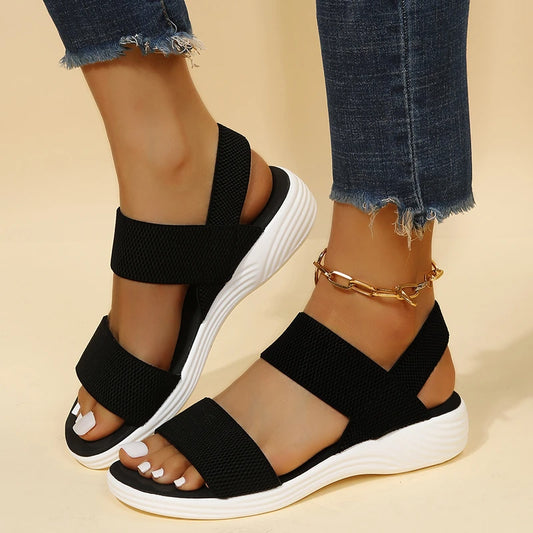 Woman shoes   Casual and Comfortable All-match Hollow Elastic Band Buckle Trifle Bottom Women's Sandals Solid Color Plus Size Women's Sandals