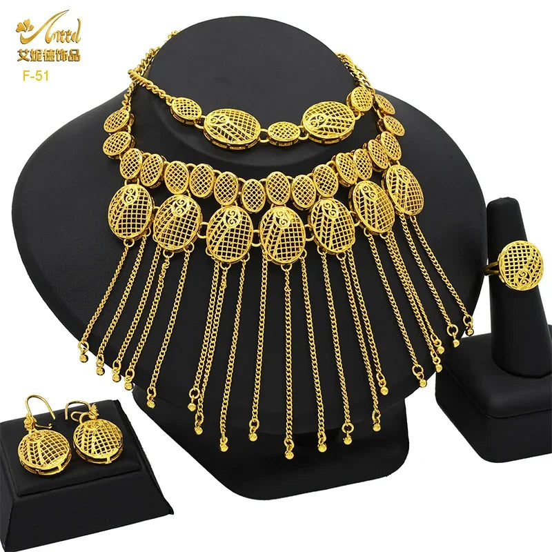 Jewellery   Dubai Tassel 24k Gold Color Jewelry Sets For Women Wedding Ethiopian Indian Bridal Necklace And Earring 4Pcs Set Party Gifts