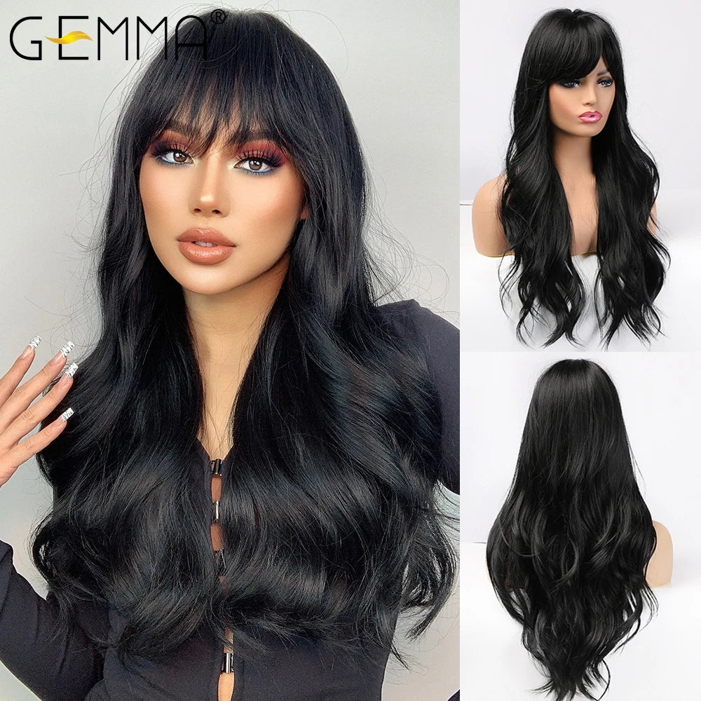 Crown & Glory Wigs  Long Light Blonde Wavy Wig with Bangs Synthetic Women Hair Wigs for Cosplay Daily Use Natural Fake Hair Heat Resistant Fibre