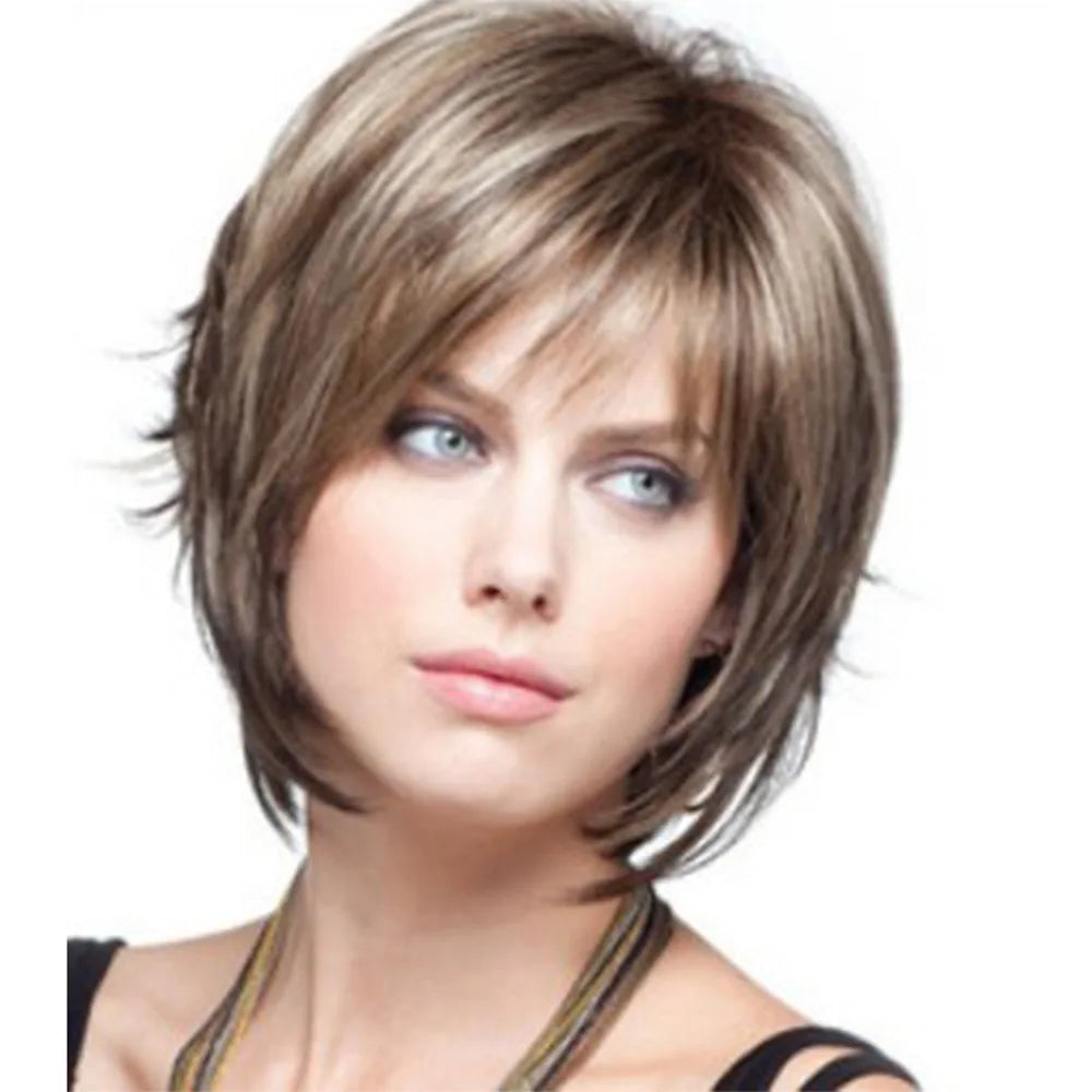 Crown & Glory Wigs Short Brown Pixie Cut Wigs with Bangs Straight Synthetic Hair Wig Ombre Blonde Wig Headband Cosplay Wig