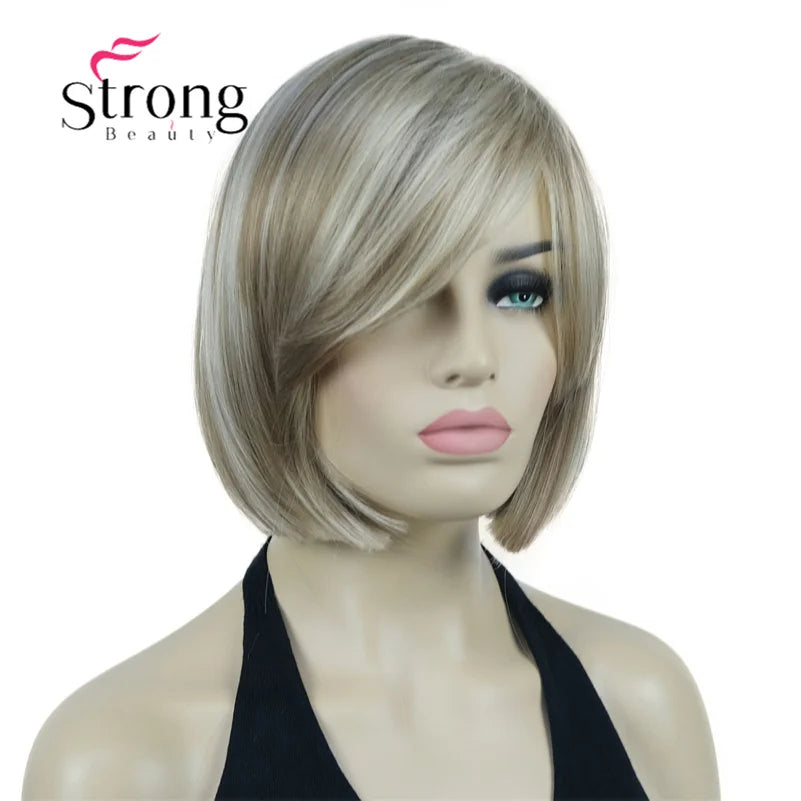 Crown & Glory Wigs Strong Beauty Women's Brown Short Straight Bob Wig with Side Bangs Synthetic Full Hair Wigs Heat Resistant