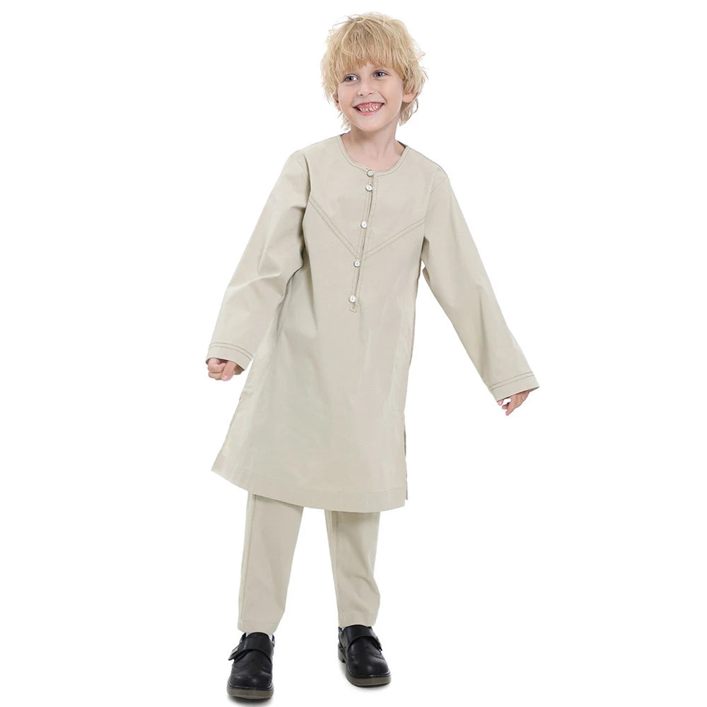 Muslim family   Muslim Boys Kids Jubba Thobe Saudi Arabic Robe 2 Piece Set Tops Pants Dubai Turkey Abaya Dress Kaftan Ramadan Djellaba Dishdasha