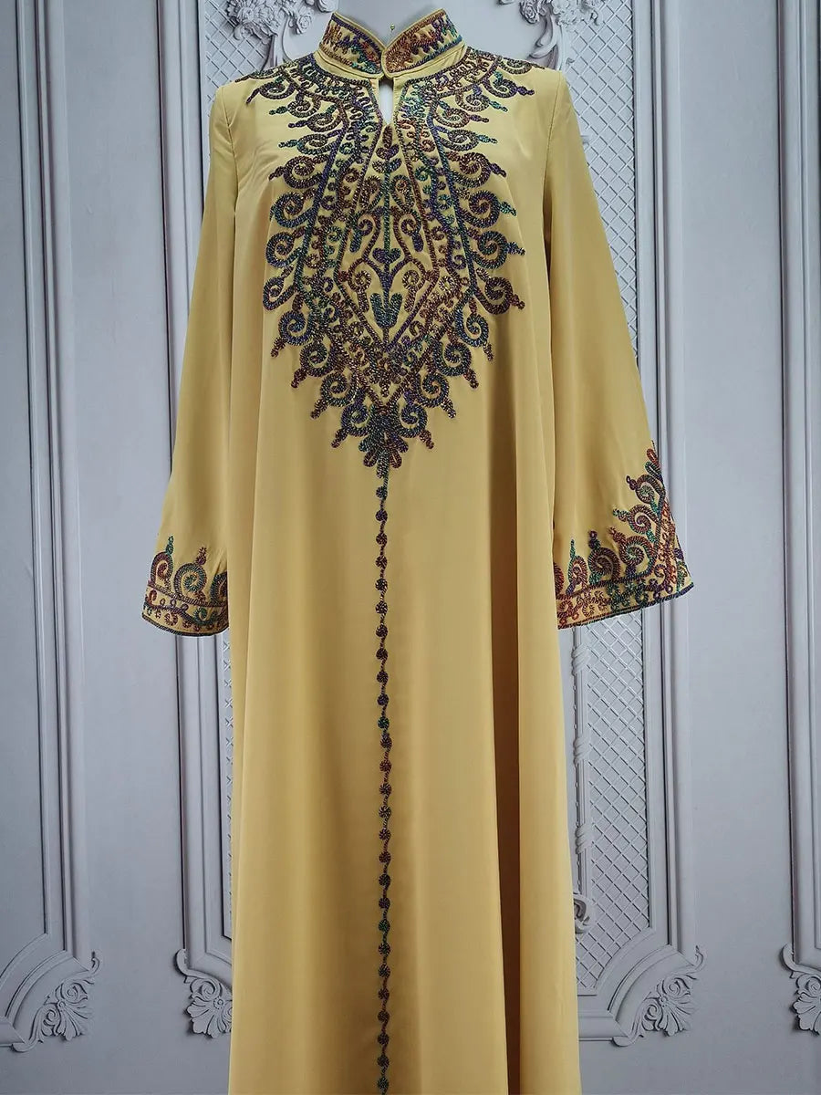 Muslim family   Siskakia Embroidery V-Neck Long Dress Dubai Arab Abaya For Muslim Woman Loose Moroccan Saudi Ethnic Jalabiya Fashion Robe 2024